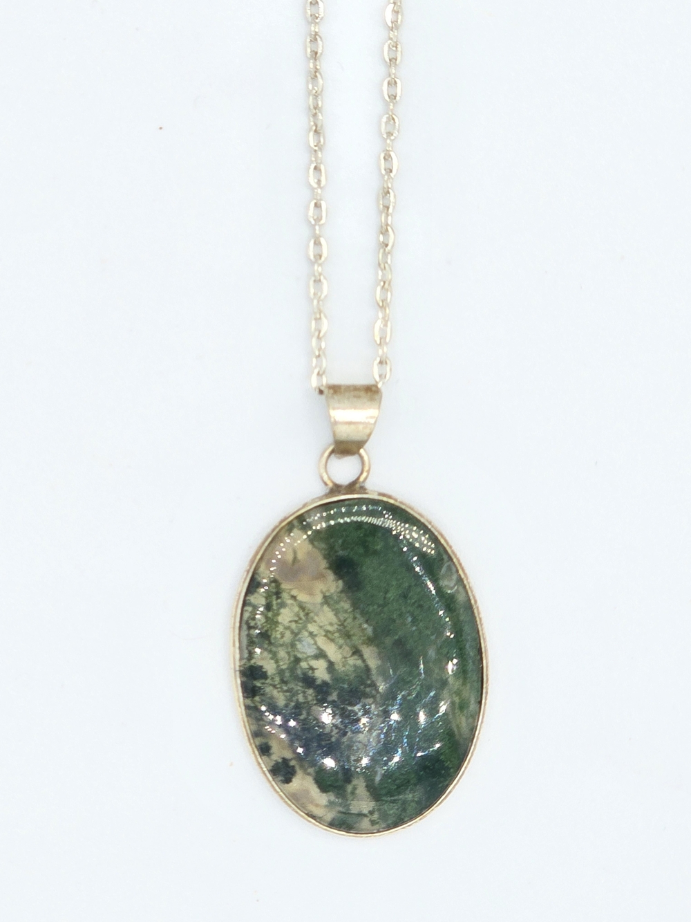 Vintage 925 Sterling Silver Green Moss Agate Oval Pendant Necklace